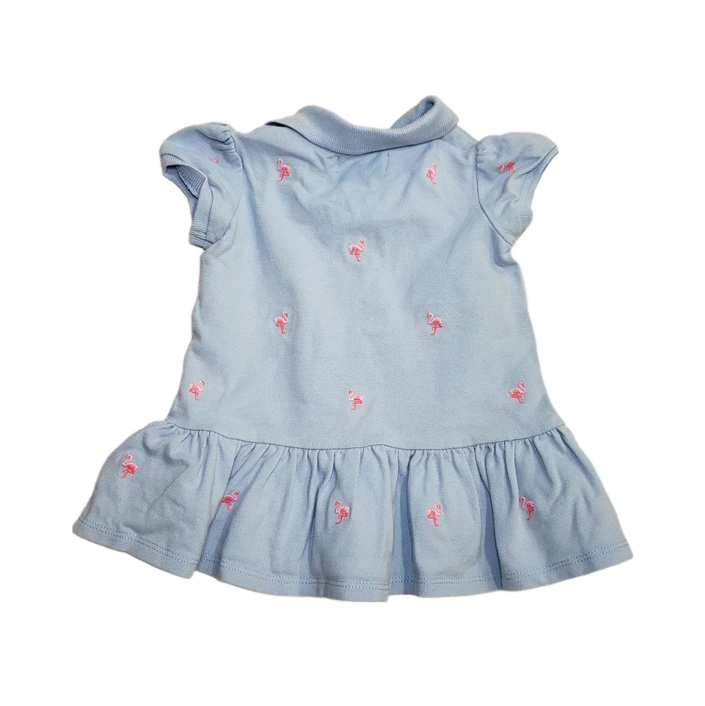 Ralph Lauren 3m Baby Girl Blue Polo Dress with Embroidered Pink Flamingos